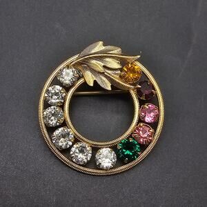 DCE Curtis 14K Gold Filled Wreath Brooch Colorful Rhinestones Vintage Jewelry